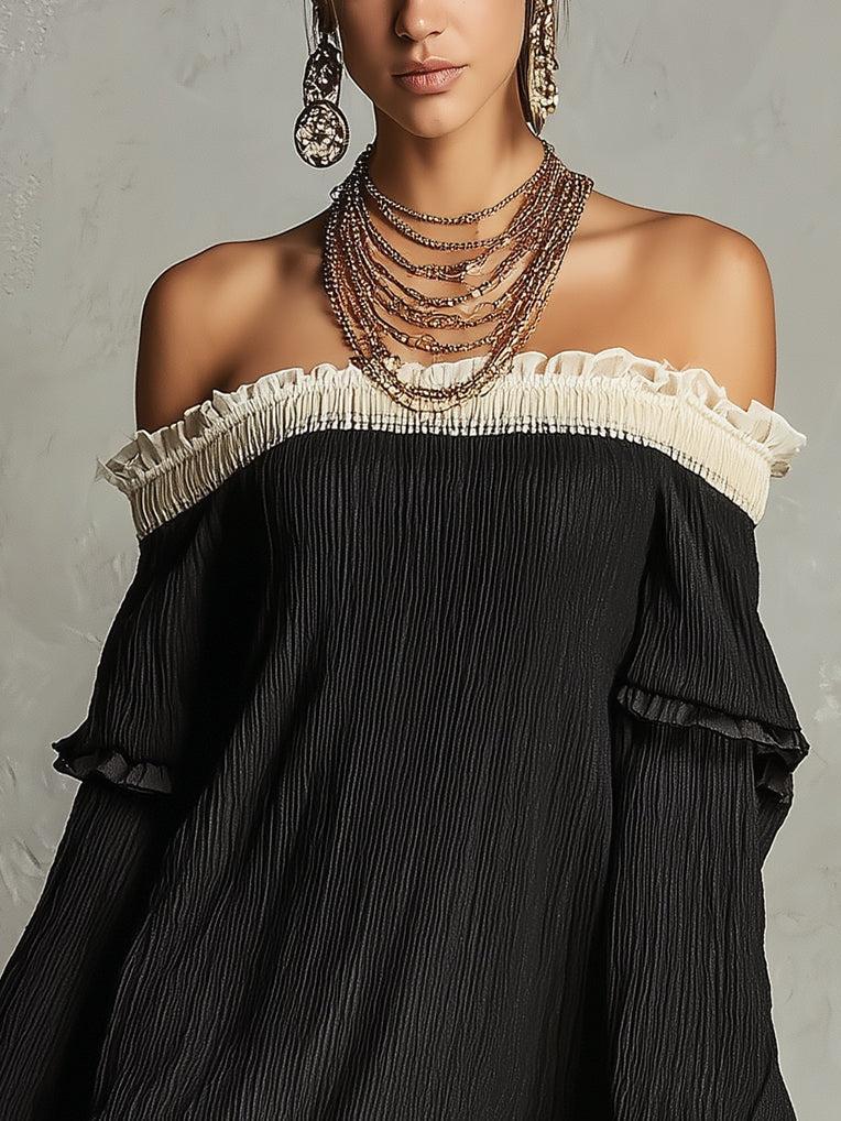 Odette Black Off-Shoulder Ruffle Mini Dress