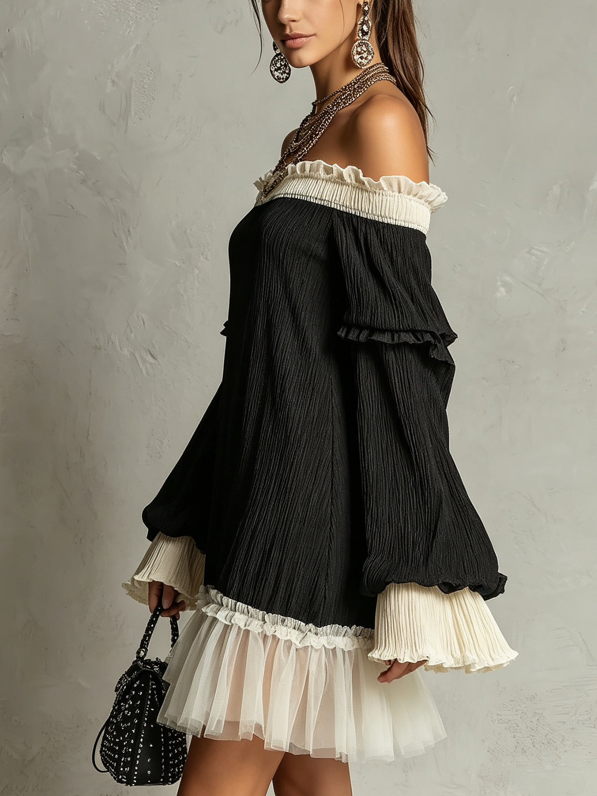 Odette Black Off-Shoulder Ruffle Mini Dress