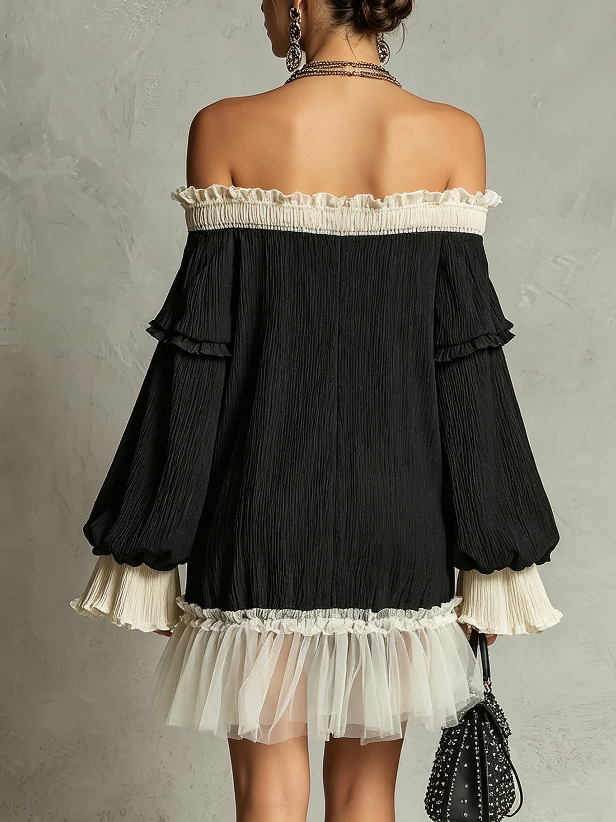 Odette Black Off-Shoulder Ruffle Mini Dress