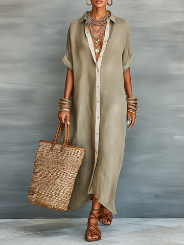 Effortless Shirt Dress for Women with Collared Neck Button Front Elbow Sleeve Linen Oversized Casual Maxi Style