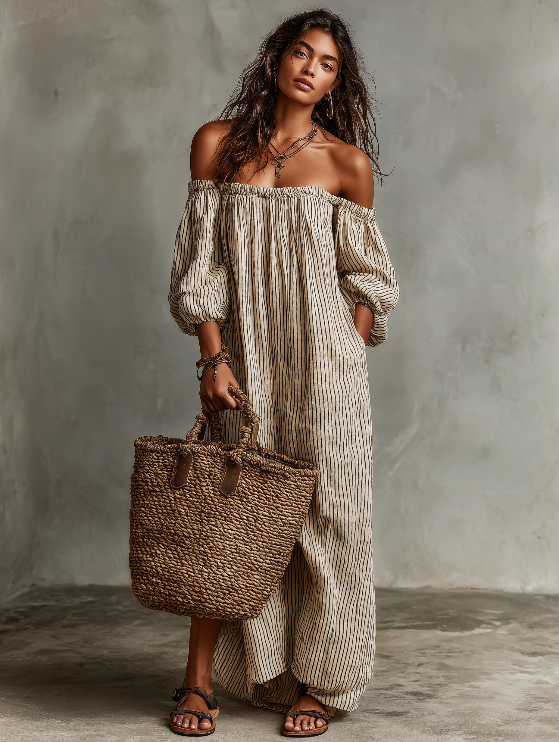 Effortless Striped Linen Maxi Dress for Women with Off Shoulder Puff Sleeve Flowing Casual Summer Style