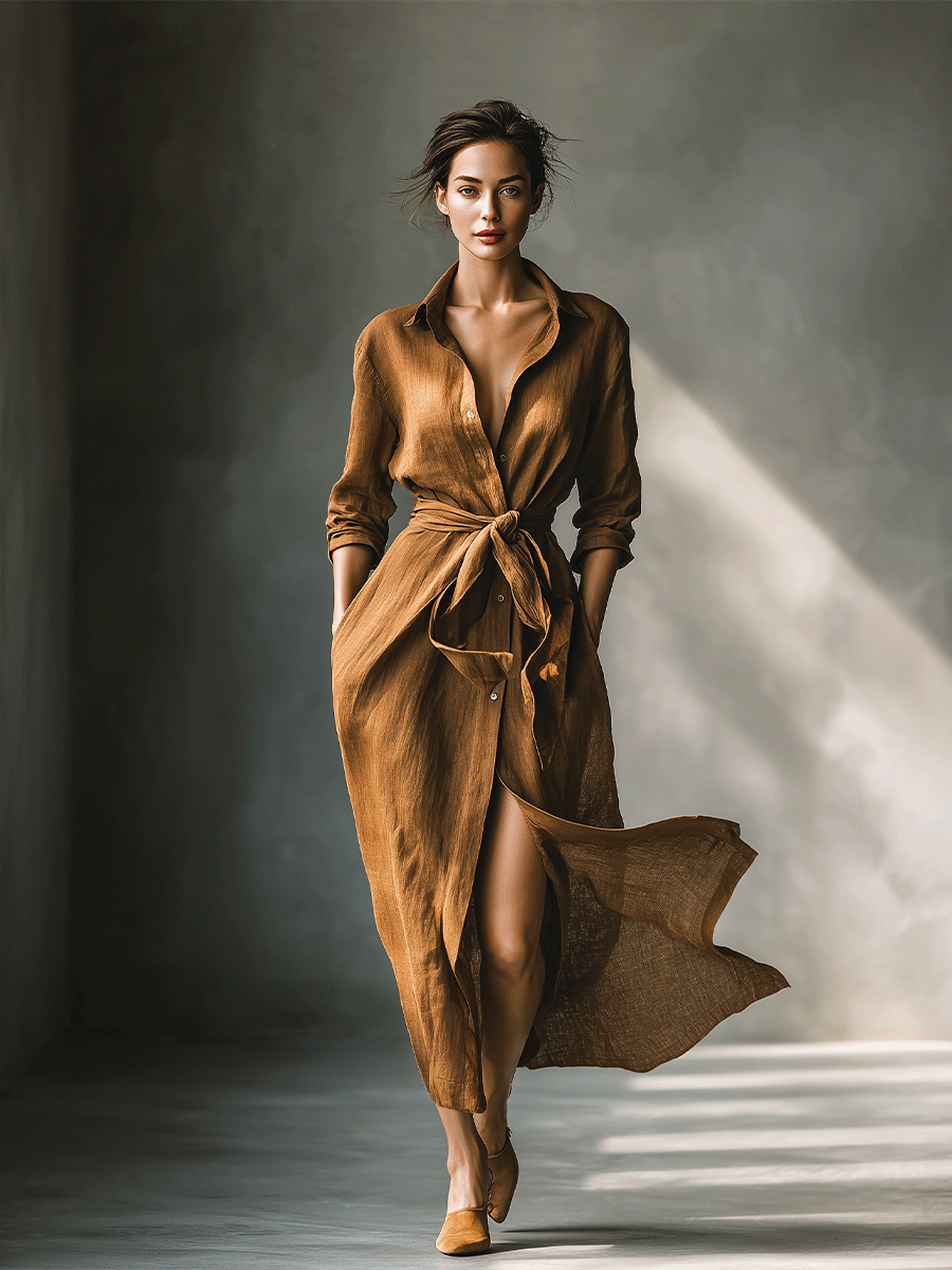 Sabine Brown Belted Maxi Shirt Dress