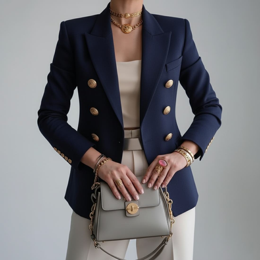 Elegant Double Breasted Blazer for Women with Long Sleeve Notch Lapel Gold Button