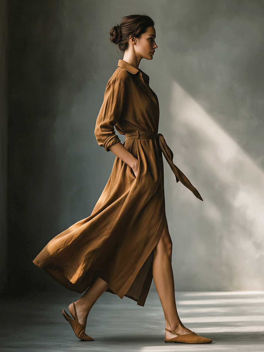 Sabine Brown Belted Maxi Shirt Dress
