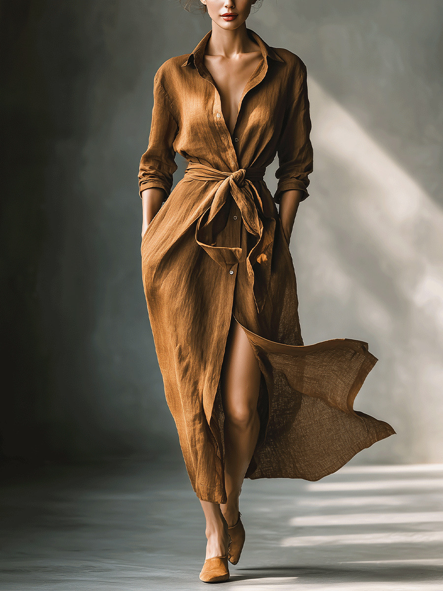 Sabine Brown Belted Maxi Shirt Dress