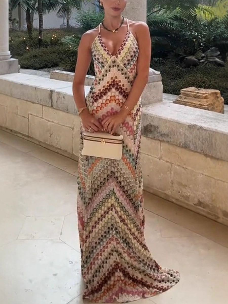Effortless Maxi Dress for Women with Chevron Crochet Print Open Back Spaghetti Straps