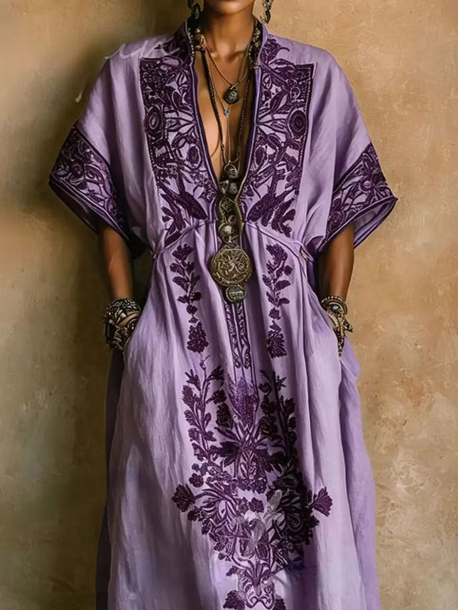 Elegant Purple Maxi Dress for Women with Embroidered Print Kaftan Batwing Sleeve Flowing Style