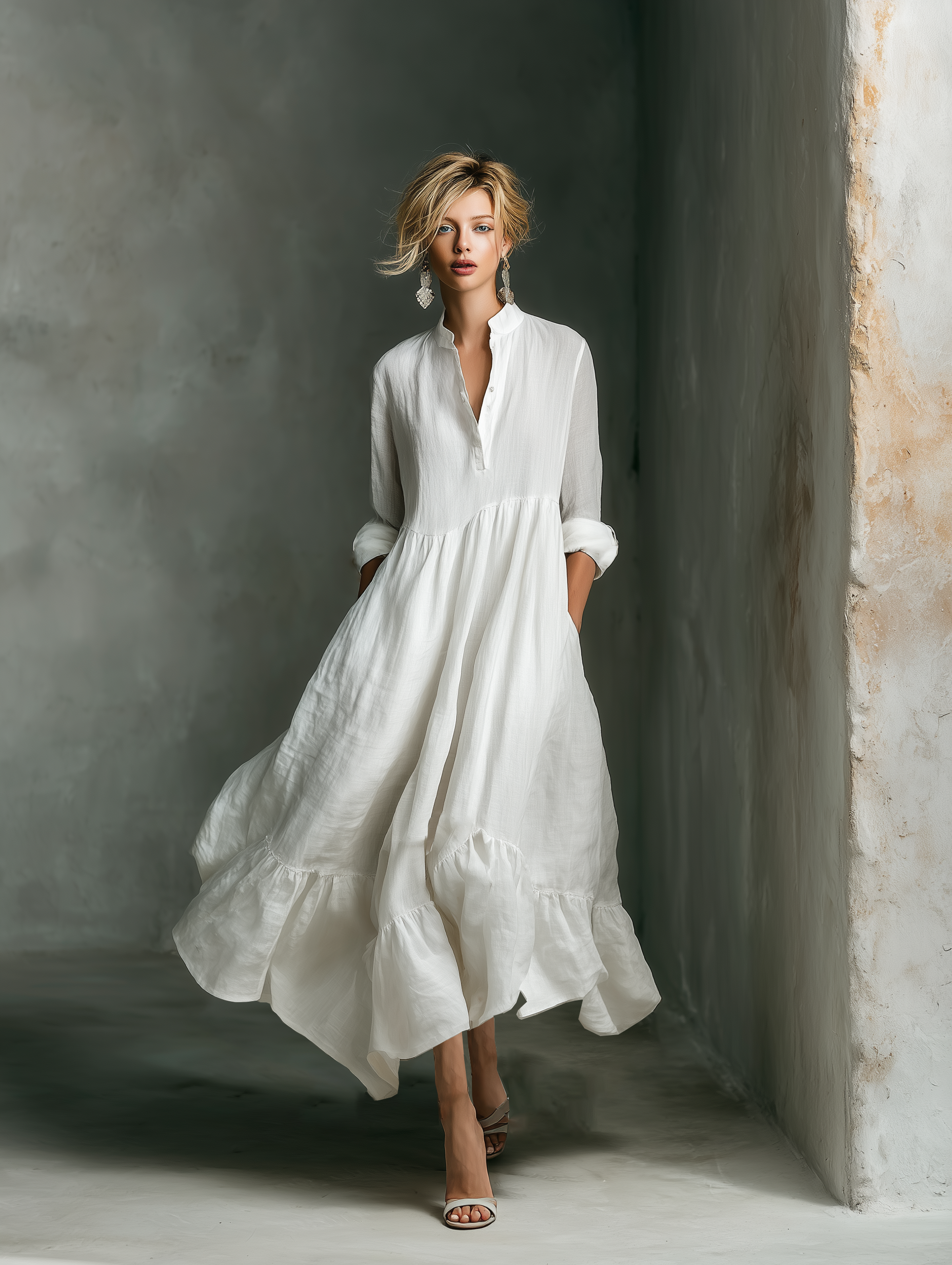 Effortless White Maxi Dress for Women with Stand Collar Button Placket Long Sleeve Tiered Linen Casual Style