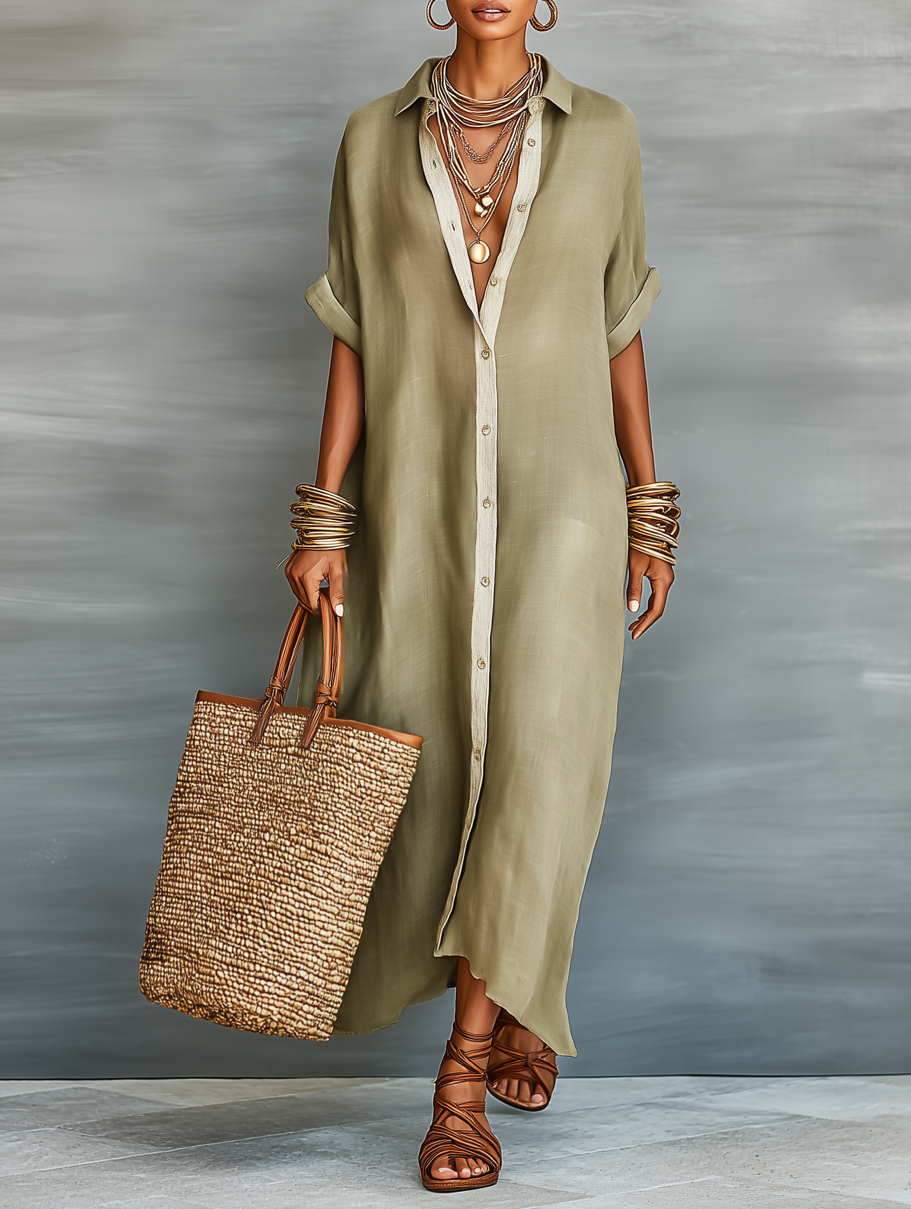 Effortless Shirt Dress for Women with Collared Neck Button Front Elbow Sleeve Linen Oversized Casual Maxi Style