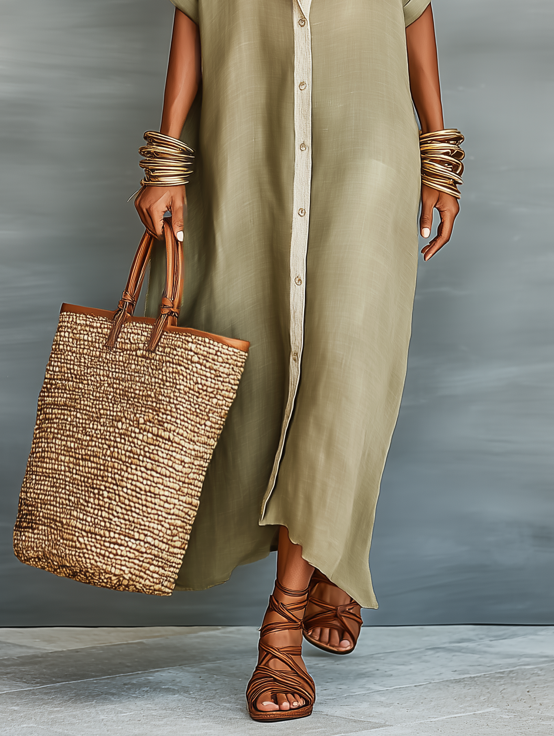 Effortless Shirt Dress for Women with Collared Neck Button Front Elbow Sleeve Linen Oversized Casual Maxi Style