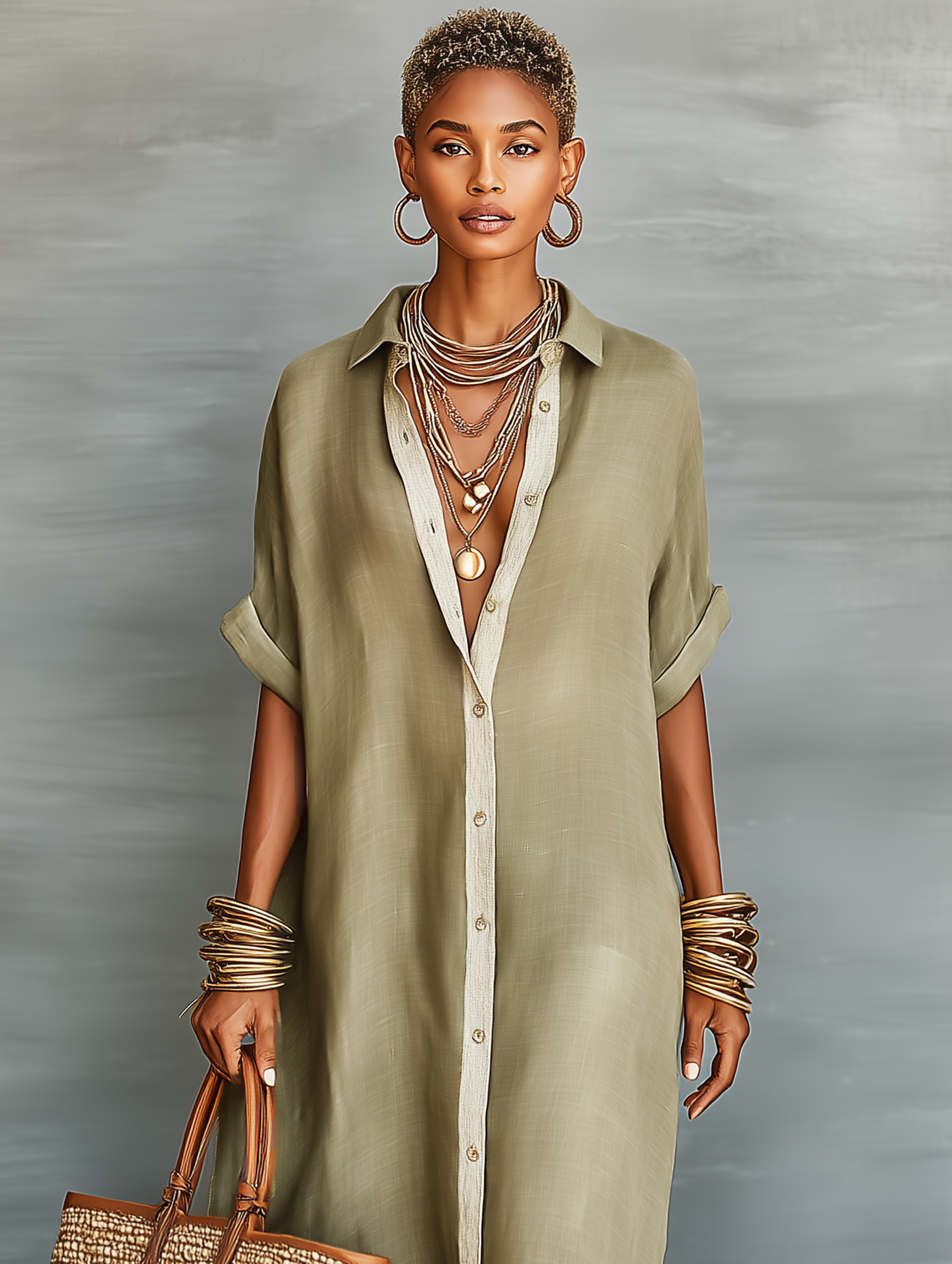 Effortless Shirt Dress for Women with Collared Neck Button Front Elbow Sleeve Linen Oversized Casual Maxi Style