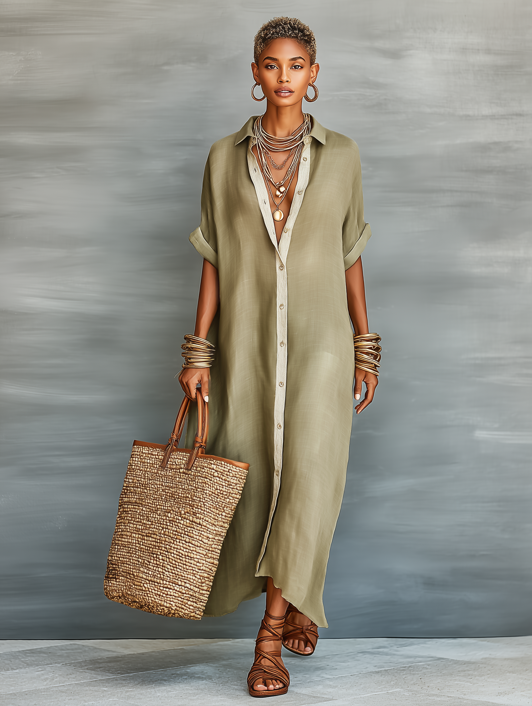 Effortless Shirt Dress for Women with Collared Neck Button Front Elbow Sleeve Linen Oversized Casual Maxi Style