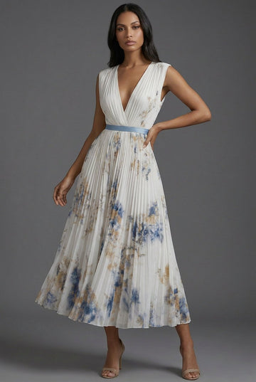 Elegant Mother of the Bride Dresses for Women with Pleated Floral V-Neck Midi Formal Wedding Guest Style