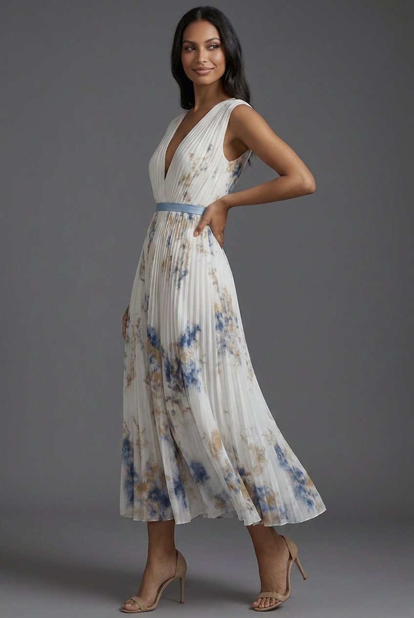 Elegant Mother of the Bride Dresses for Women with Pleated Floral V-Neck Midi Formal Wedding Guest Style