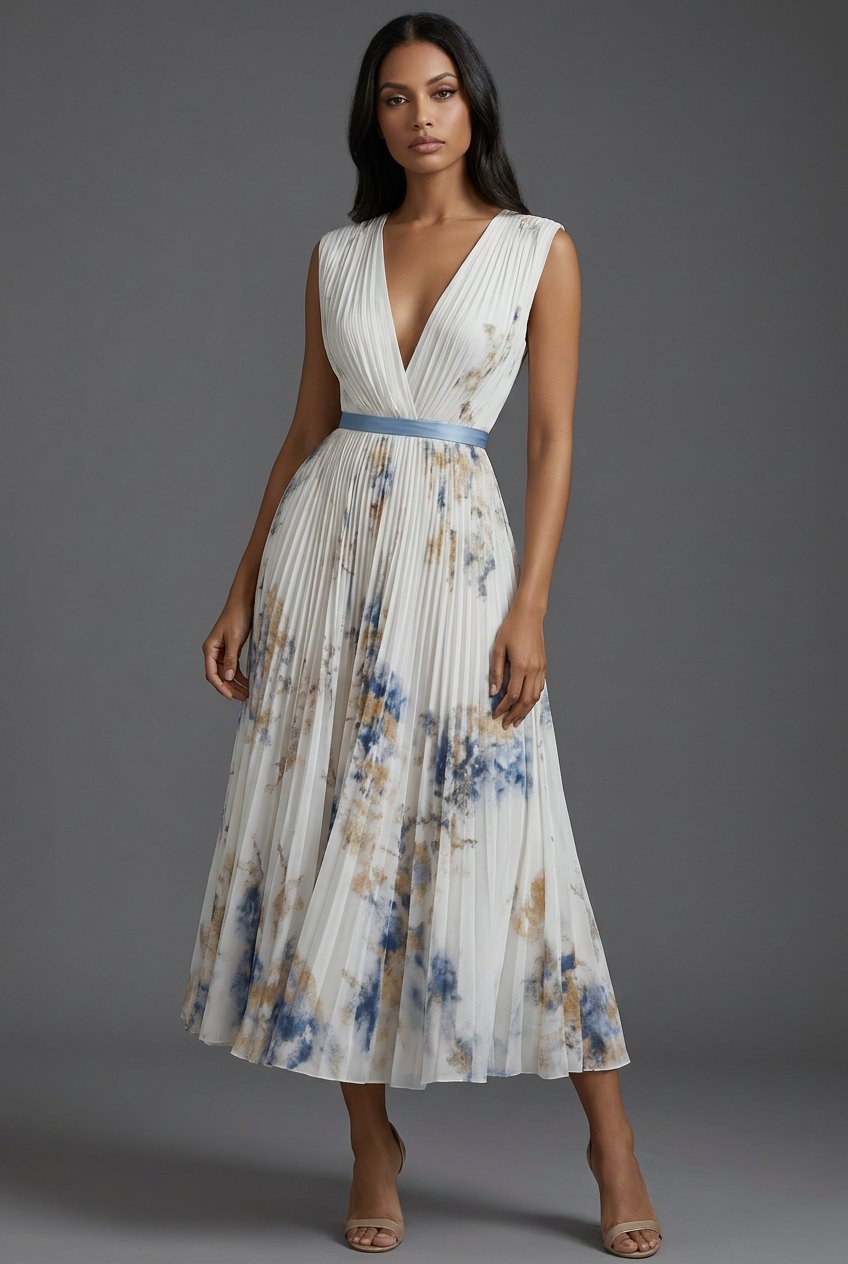 Elegant Mother of the Bride Dresses for Women with Pleated Floral V-Neck Midi Formal Wedding Guest Style