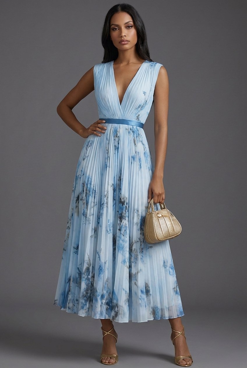 Elegant Mother of the Bride Dresses for Women with Pleated Floral V-Neck Midi Formal Wedding Guest Style