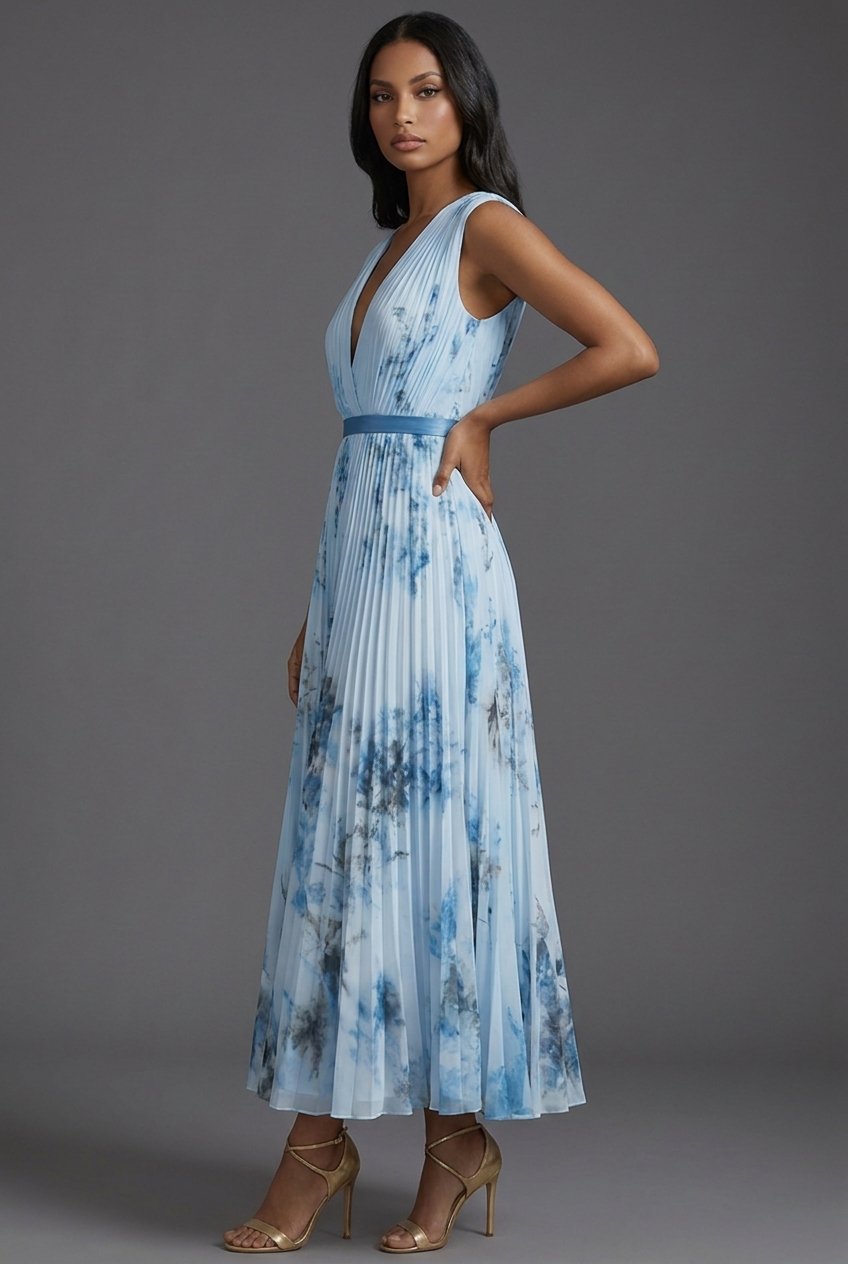 Elegant Mother of the Bride Dresses for Women with Pleated Floral V-Neck Midi Formal Wedding Guest Style