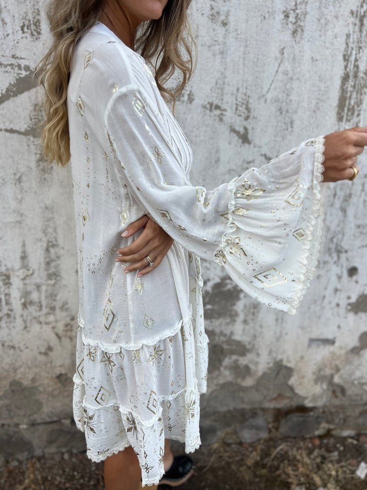 Effortless Lace Mini Dress for Women with V Neck Bell Sleeve Tiered Ruffle Hem