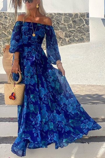 Elegant Blue Floral Maxi Dress for Women with Off Shoulder Mother of the Bride Style