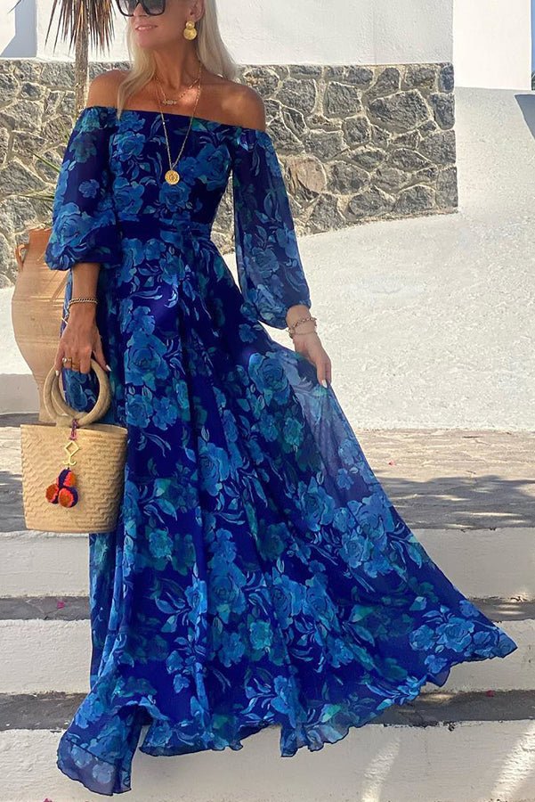 Elegant Blue Floral Maxi Dress for Women with Off Shoulder Mother of the Bride Style