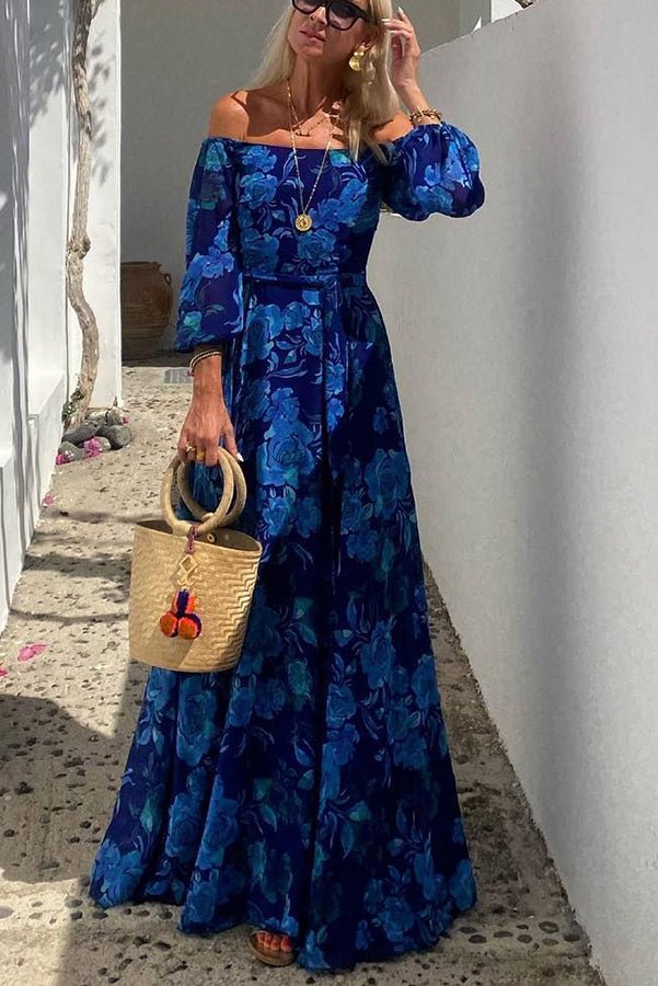 Elegant Blue Floral Maxi Dress for Women with Off Shoulder Mother of the Bride Style