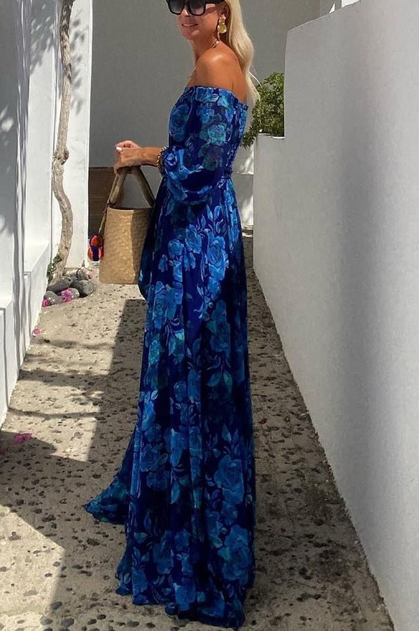 Elegant Blue Floral Maxi Dress for Women with Off Shoulder Mother of the Bride Style