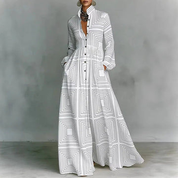 Effortless Printed Maxi Dress for Women with Stand Collar Long Sleeve Button Front High Waist Bohemian Style