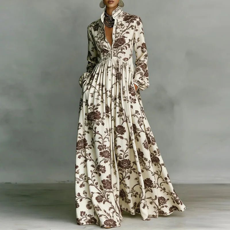Effortless Printed Maxi Dress for Women with Stand Collar Long Sleeve Button Front High Waist Bohemian Style