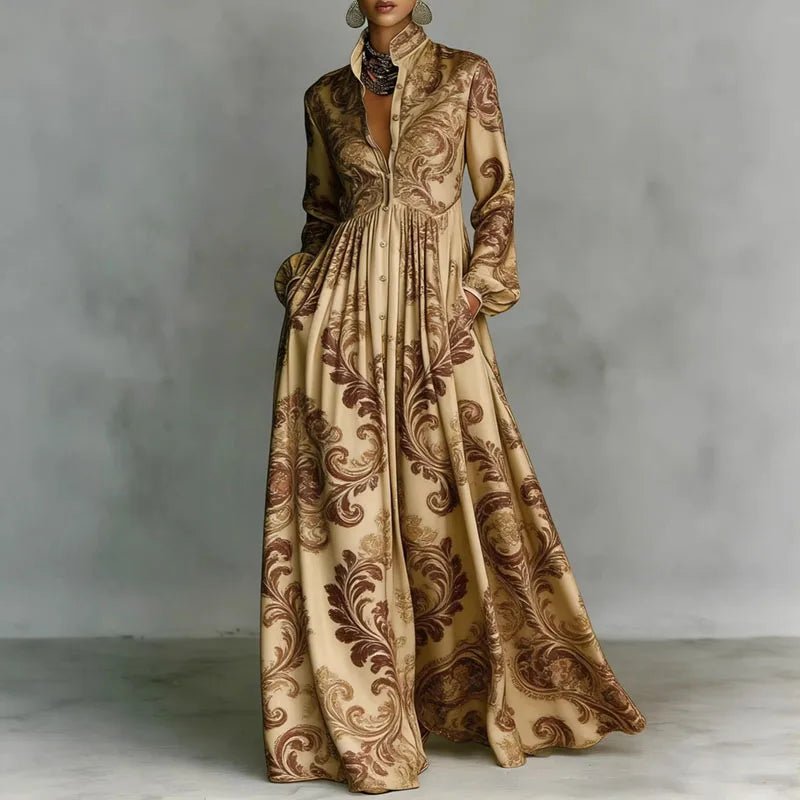 Effortless Printed Maxi Dress for Women with Stand Collar Long Sleeve Button Front High Waist Bohemian Style