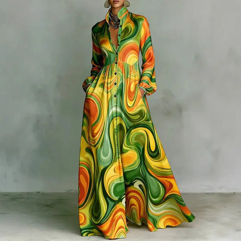 Effortless Printed Maxi Dress for Women with Stand Collar Long Sleeve Button Front High Waist Bohemian Style