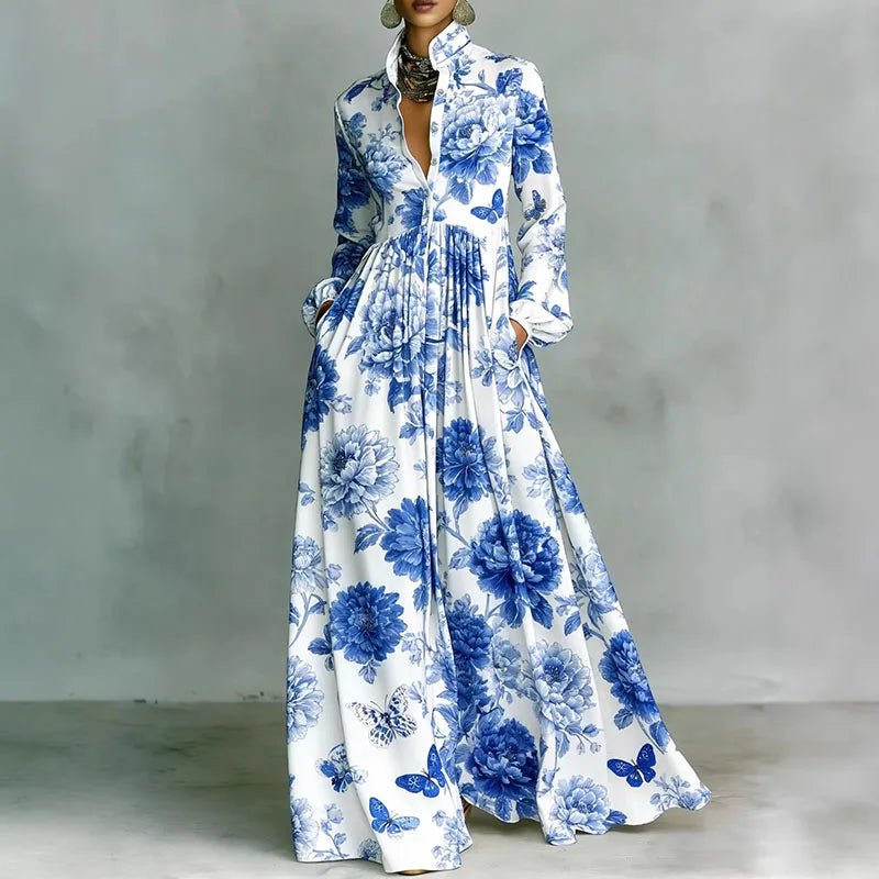 Effortless Printed Maxi Dress for Women with Stand Collar Long Sleeve Button Front High Waist Bohemian Style