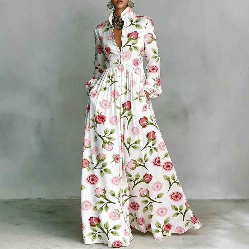 Effortless Printed Maxi Dress for Women with Stand Collar Long Sleeve Button Front High Waist Bohemian Style