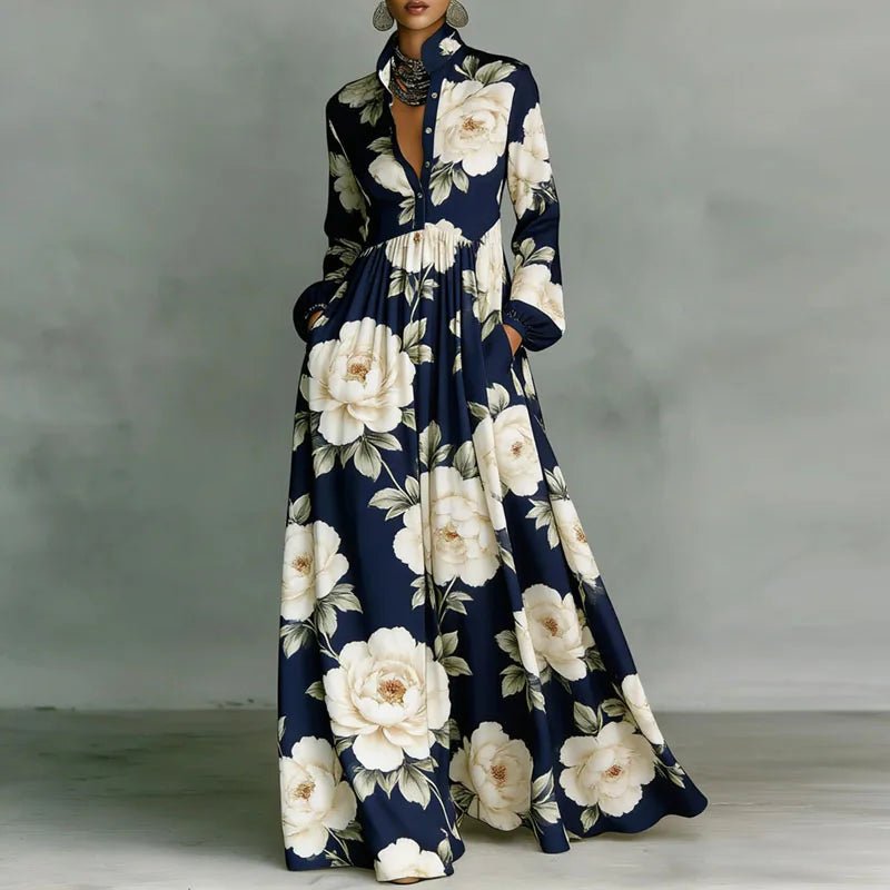 Effortless Printed Maxi Dress for Women with Stand Collar Long Sleeve Button Front High Waist Bohemian Style