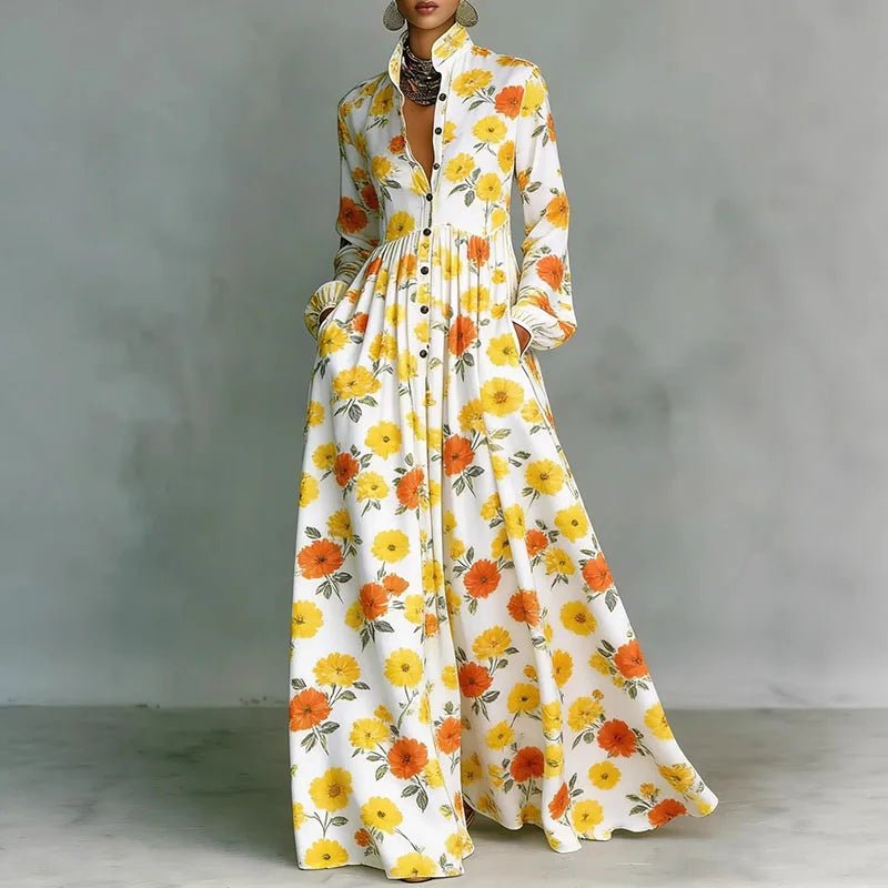 Effortless Printed Maxi Dress for Women with Stand Collar Long Sleeve Button Front High Waist Bohemian Style