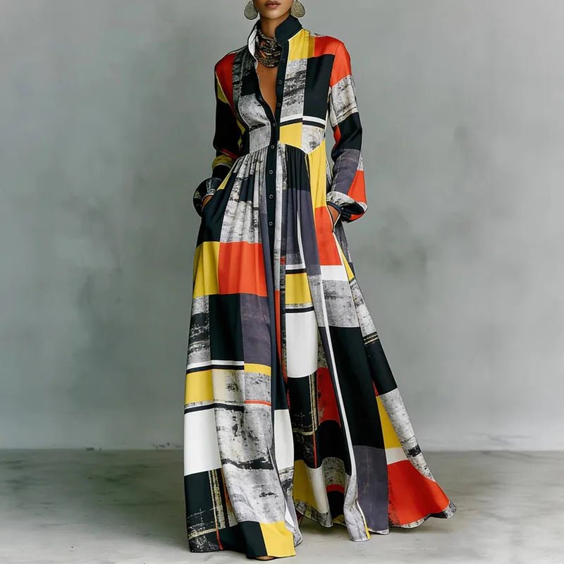 Effortless Printed Maxi Dress for Women with Stand Collar Long Sleeve Button Front High Waist Bohemian Style