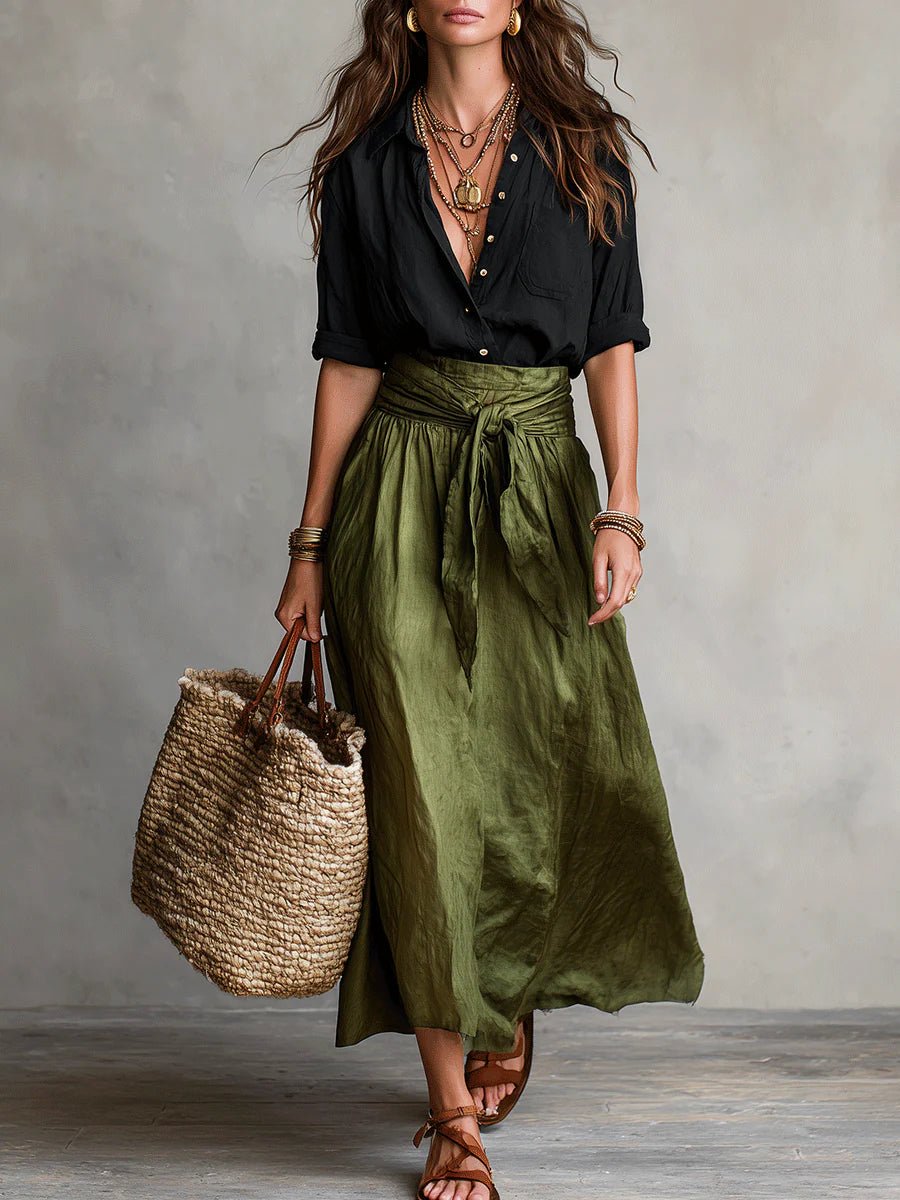 Rowan Black Shirt & Olive Tie-Waist Maxi Skirt Two-Piece Set
