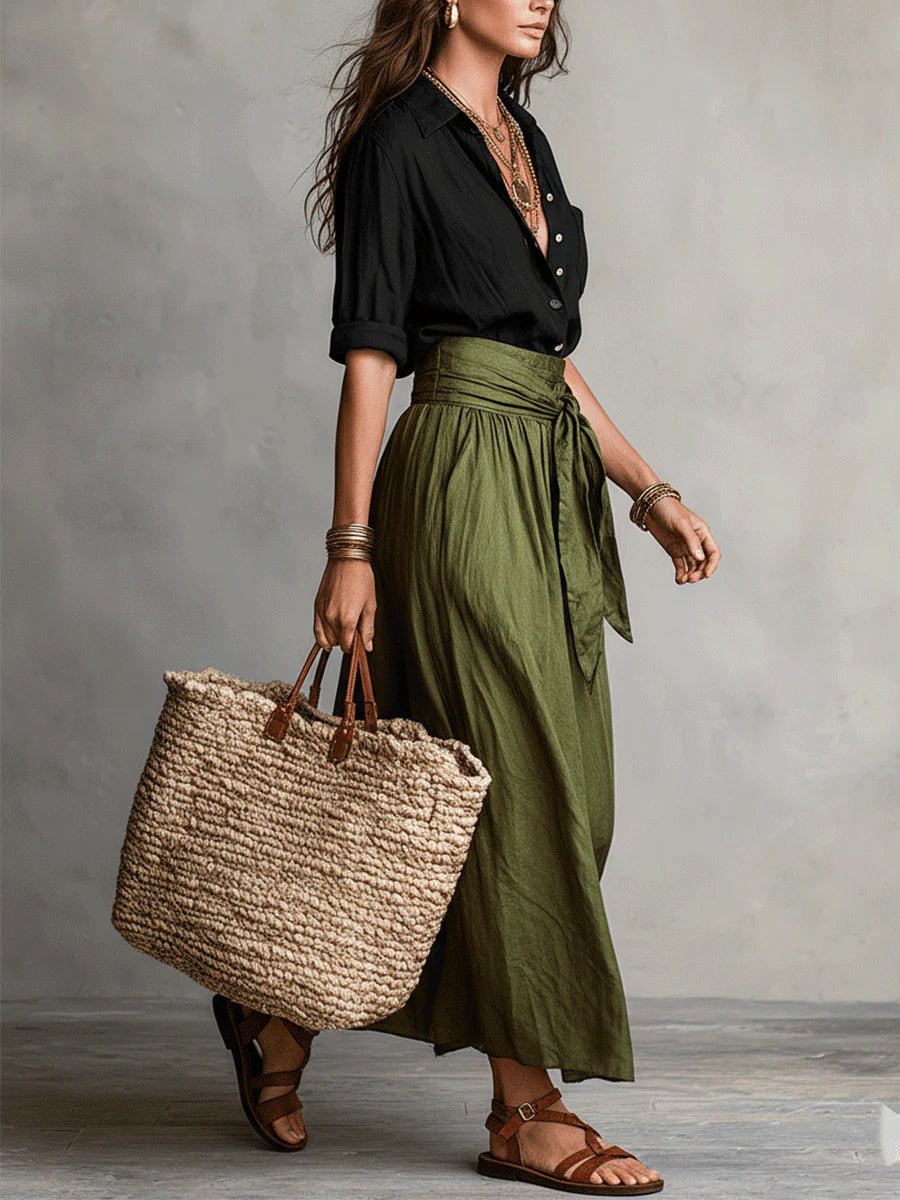 Effortless Maxi Skirt Set for Women with Button Front Shirt Tie Waist Relaxed Two Piece Style