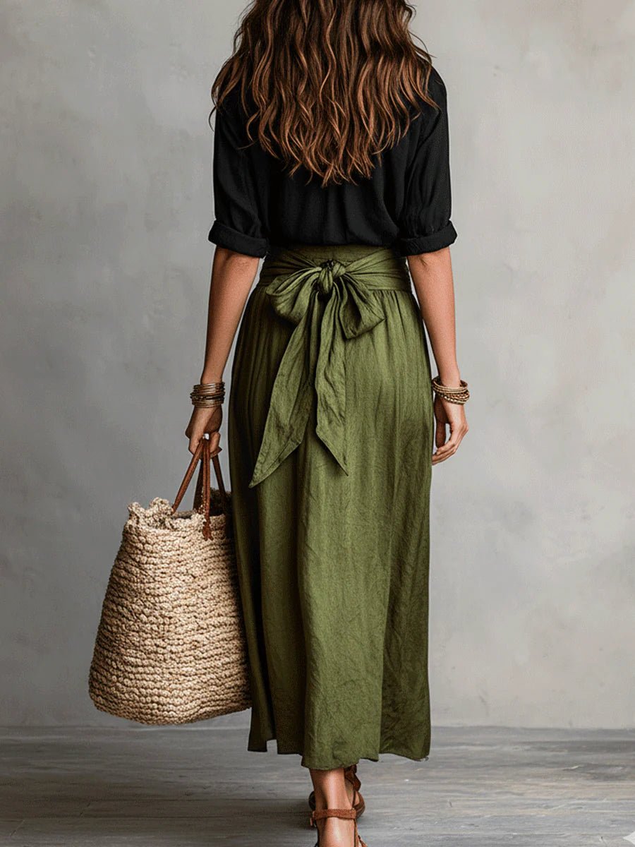Rowan Black Shirt & Olive Tie-Waist Maxi Skirt Two-Piece Set