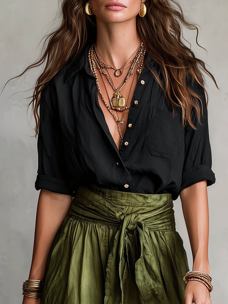 Rowan Black Shirt & Olive Tie-Waist Maxi Skirt Two-Piece Set