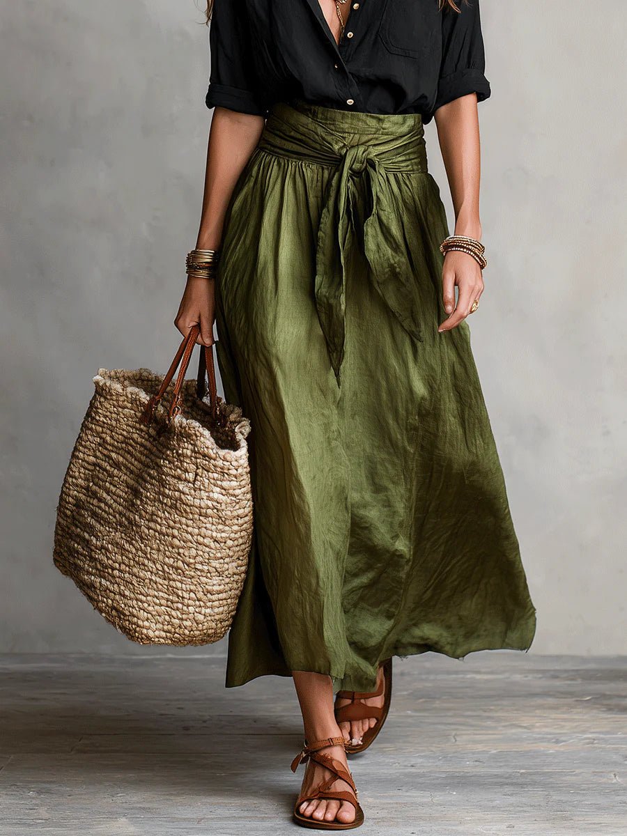 Rowan Black Shirt & Olive Tie-Waist Maxi Skirt Two-Piece Set