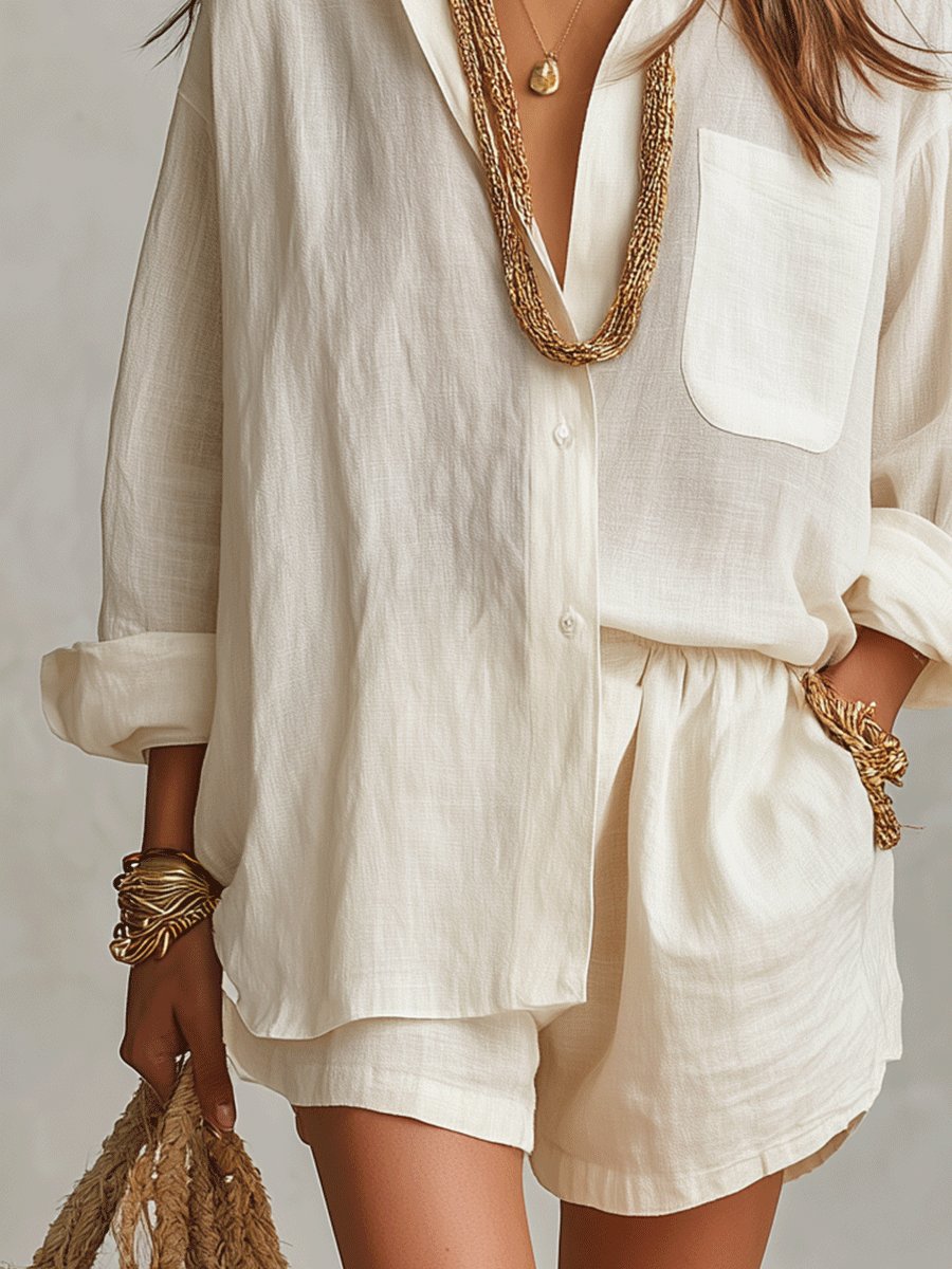 Effortless Linen Short Set for Women with Button Front Long Sleeve Relaxed Two Piece Style