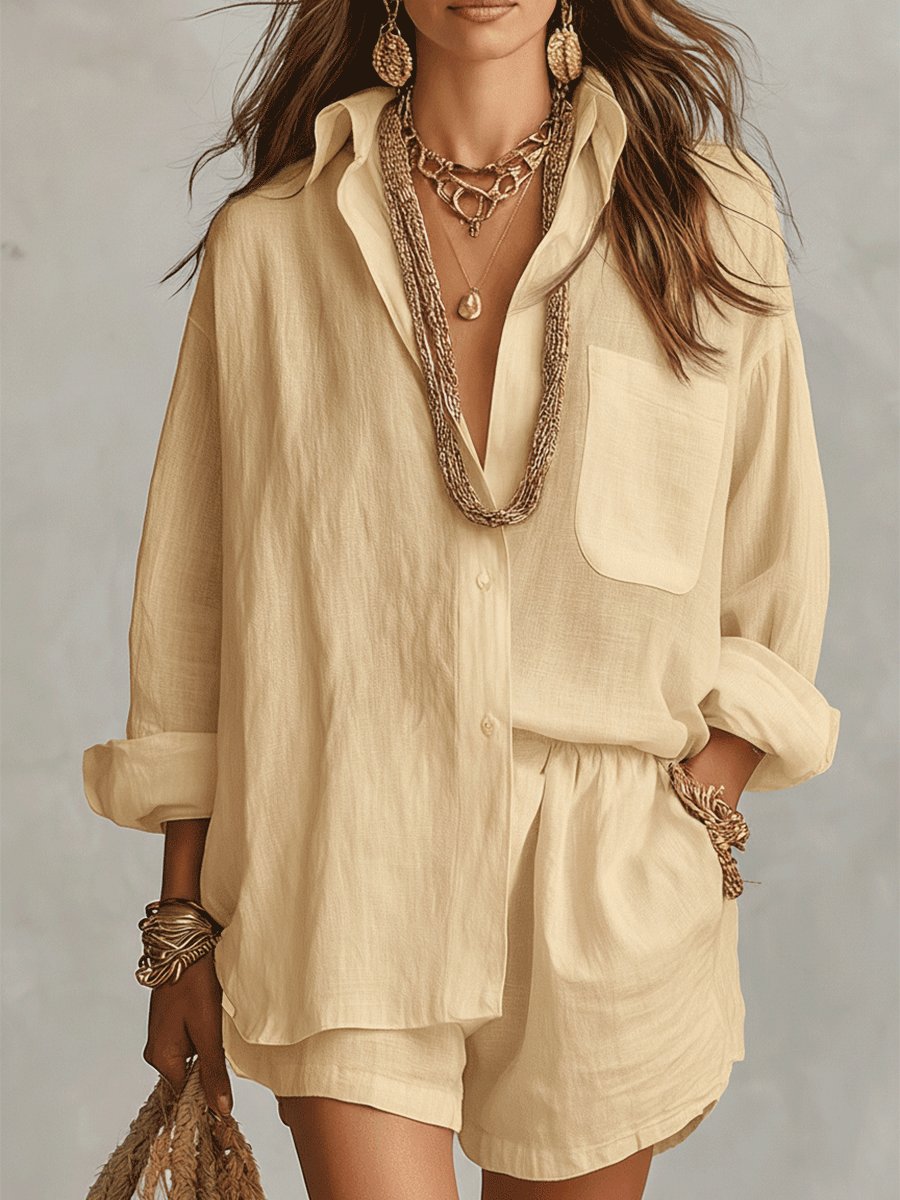 Effortless Linen Short Set for Women with Button Front Long Sleeve Relaxed Two Piece Style