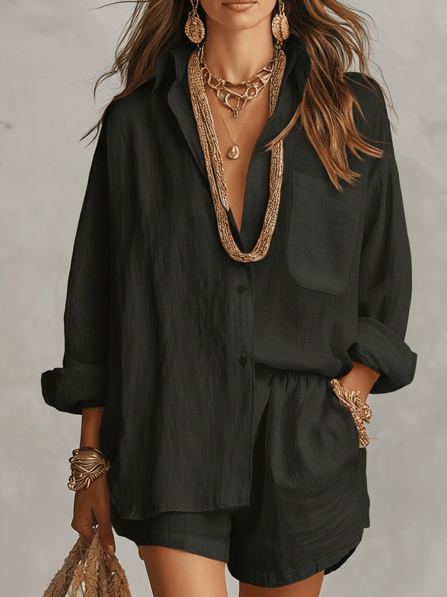 Effortless Linen Short Set for Women with Button Front Long Sleeve Relaxed Two Piece Style