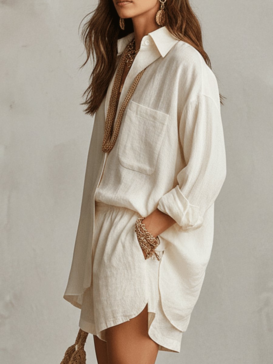 Effortless Linen Short Set for Women with Button Front Long Sleeve Relaxed Two Piece Style