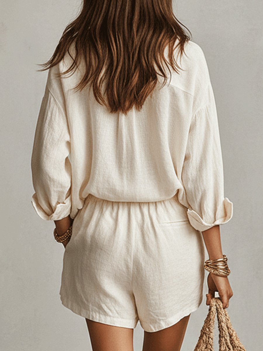 Effortless Linen Short Set for Women with Button Front Long Sleeve Relaxed Two Piece Style