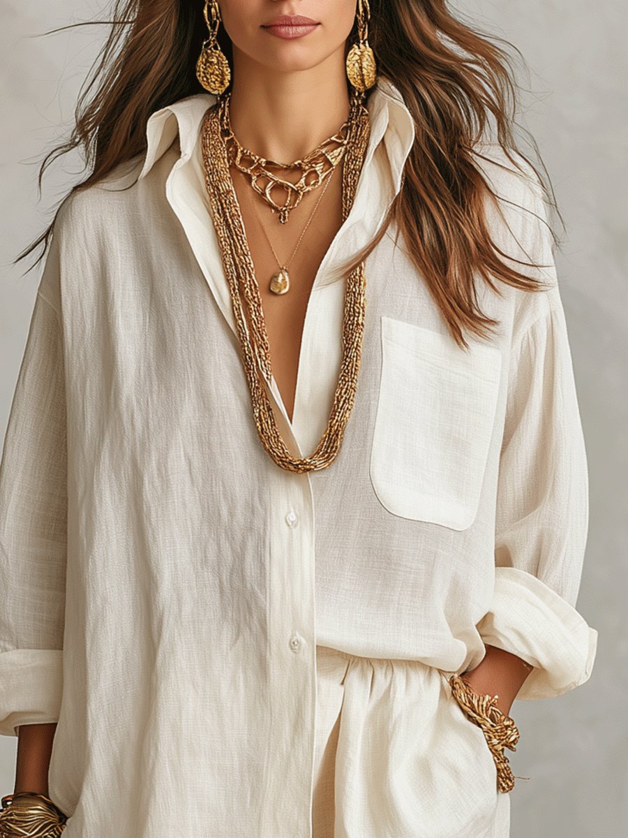 Effortless Linen Short Set for Women with Button Front Long Sleeve Relaxed Two Piece Style